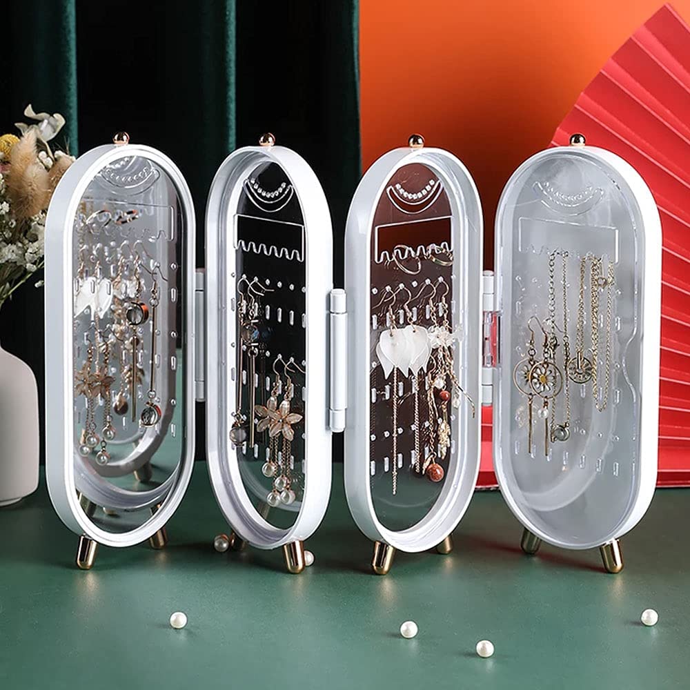 Jewellery Box Organiser with Mirror - Foldable Exquisite Dustproof Jewelry Storage Case Multi-Function Screen Shaped Metal Display Jewelry Stand for Earring - Necklace & Bracelet (Random Color)